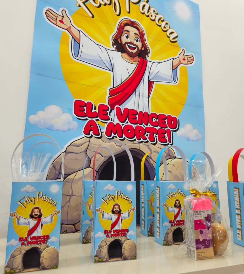 CARTAZ E SACOLINHA DE PÁSCOA - ELE VENCEU A MORTE