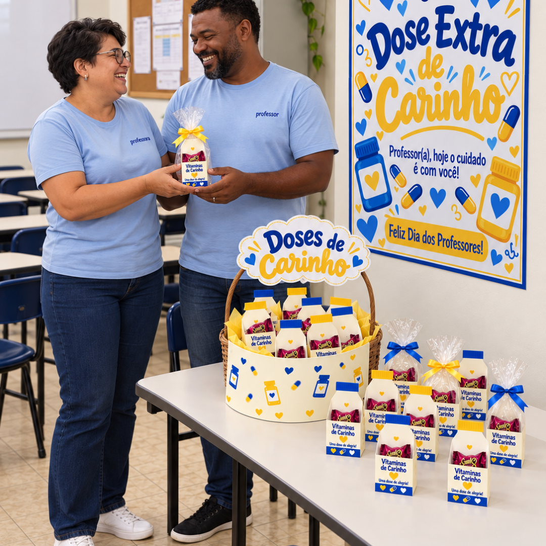 CARTAZ/CESTA E LEMBRANCINHA - DOSE EXTRA DE CARINHO - DIA DOS PROFESSORES