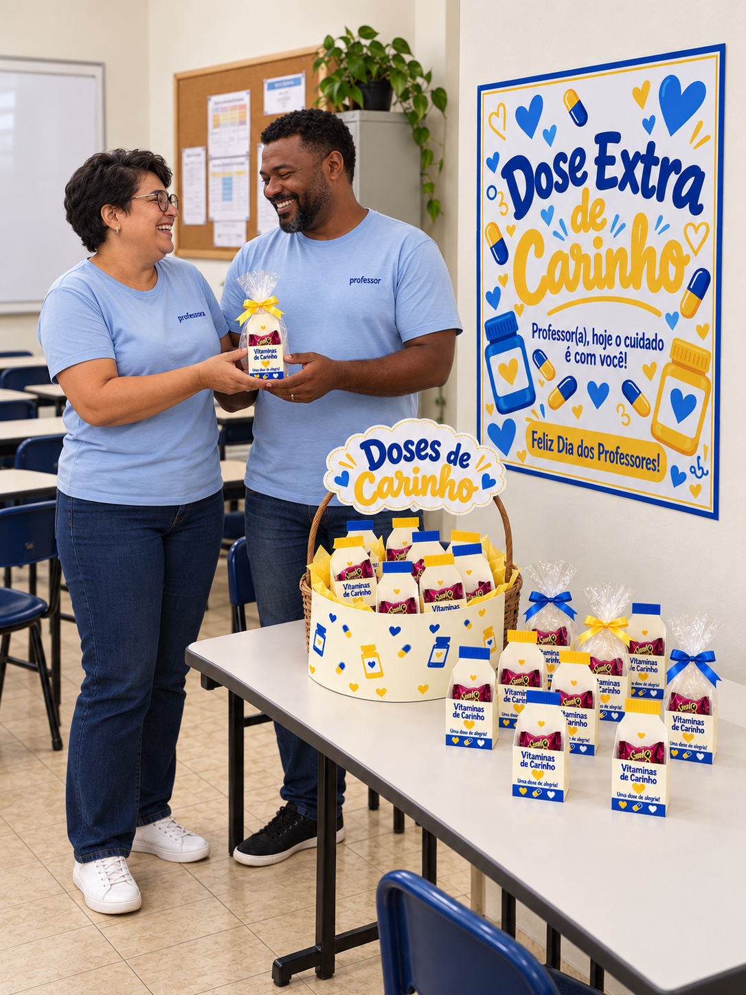 CARTAZ/CESTA E LEMBRANCINHA - DOSE EXTRA DE CARINHO - DIA DOS PROFESSORES