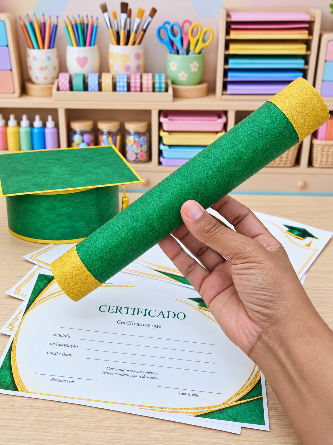 (VERDE) KIT FORMATURA (CAPELO- CANUDO - CERTIFICADO)
