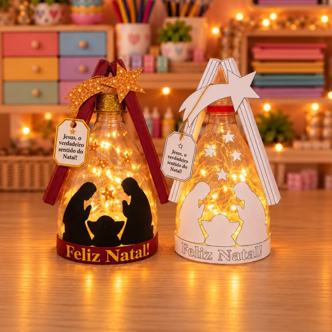 PRESÉPIO ILUMINADO NA GARRAFA PET